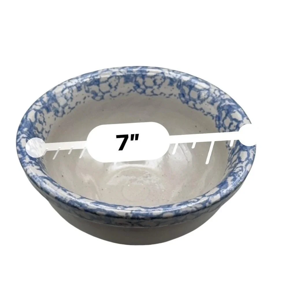 BBP Studio Pottery Blue White Spongeware Floral Stoneware Mixing Bowl 7 Inch